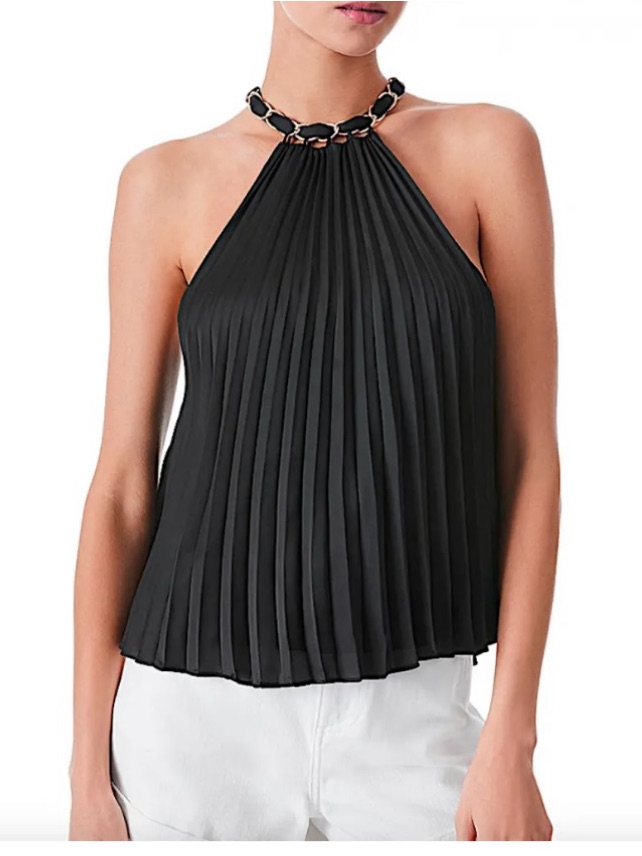 Alice + Olivia Black Pleated Halter Top With Chain-Link Neck Size M Nwt